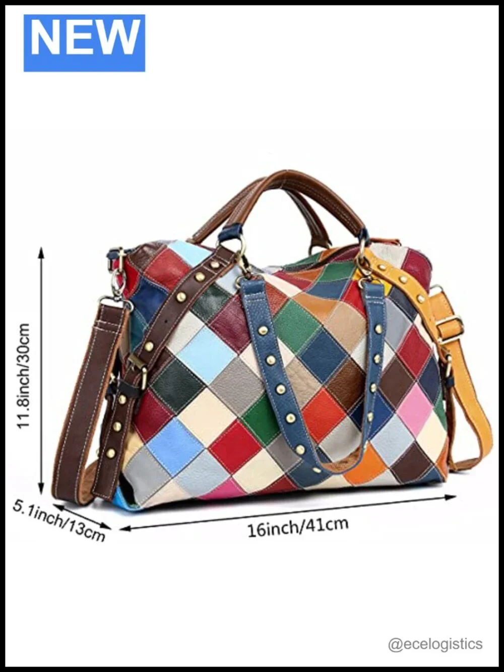 Genuine Leather Multicolor Cube Splicing Satchel Handbag Shoulder Bag with 3